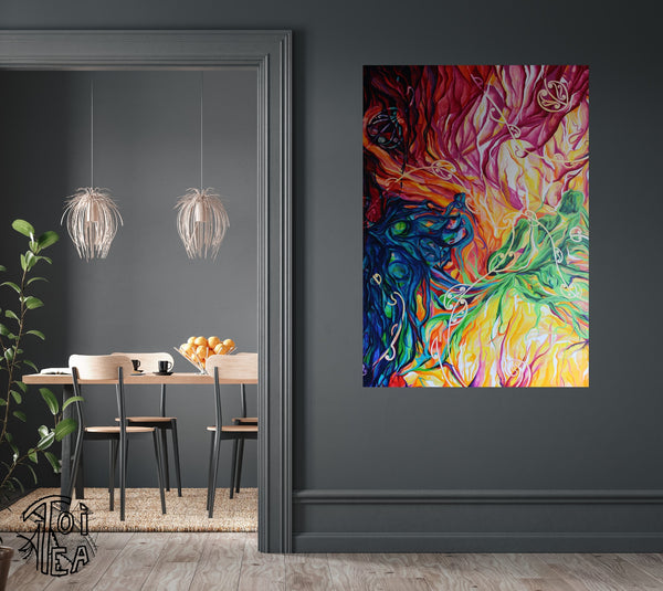 a charcoal painted interior with the bright multi coloured painting on the wall, and through a framed open section you can veiw a dinning room set and ready for a hot cuppa. one edge is framed by a large pot plant.